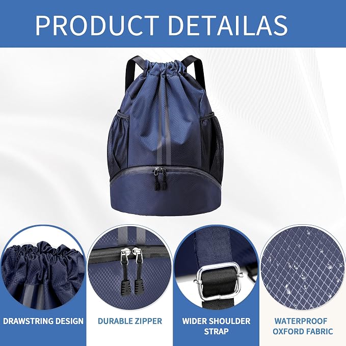 JELUTAR Drawstring Backpack Gym Bag with Shoes Compartment for Soccer, Basketball, Swim, Water-Resistant String Backpack Beach Cinch for Women Men, Navy Blue