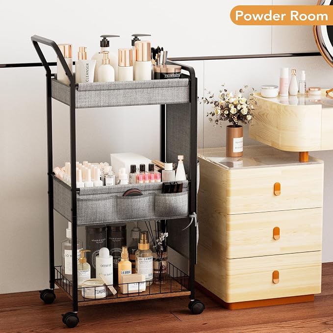 BBLIKE 3-Tier Diaper Caddy Organizer - Rolling Utility Baby Cart with Basket and Side Pockets for Nursery and Baby Essentials, Multi-Function Cart for Bedroom and Bathroom,Gray