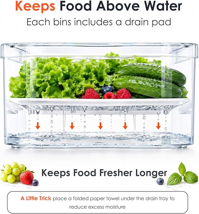 SMRCAD Clear Fridge Bins with Drain Trays - BPA-Free PET, Stackable(6 Pack) | 6 Pack: 1 Drawer + 5 lidded Bins, Helps Keep Produce Fresh, 16.3L Capacity, Hand Wash Only
