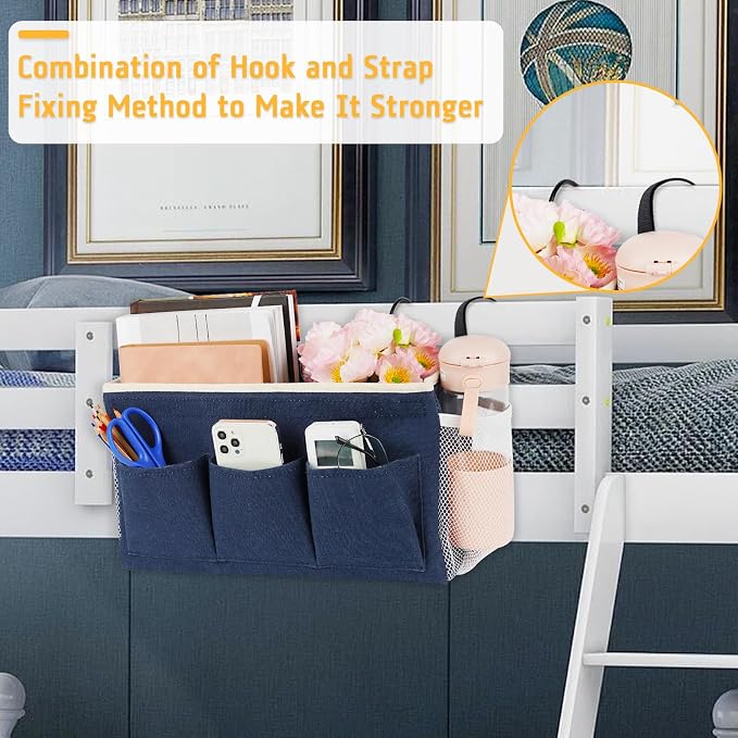 Lilithye Bedside Caddy Bedside Organizer Bedside Storage Caddy with Fixed Straps and Water Bottle Holder for Home College Dorm Bunk Bed Hospital Bed Crib Bed Rails (Navy Blue)