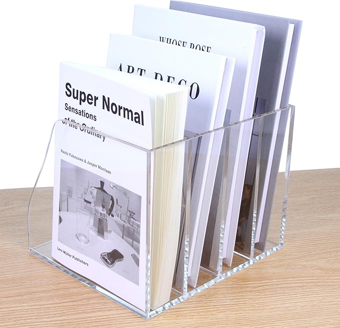 Acrylic File Folder Holder for Desk with Handles, 4-Slot Clear Desk Organizers and Accessories, Vertical Magazine File Sorter & Binder Holder, Desktop Book Organizer for Office, School & Home