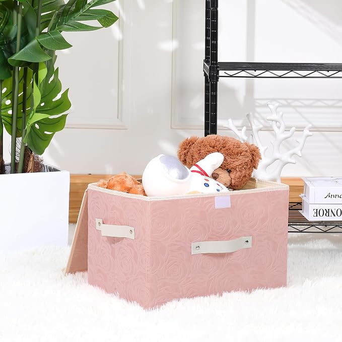 ANMINY 2PCS Fabric Storage Bin with Lid Rose Print Box Basket with PU Leather Handles Washable PP Plastic Board Decorative Foldable Lidded Shelf Cubes Closet Organizer Container - Pink, Large Size