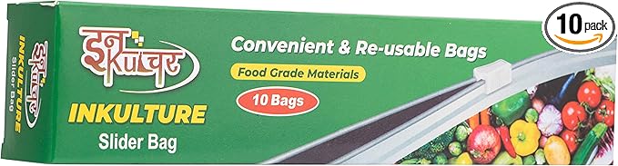 INKulture Plastic Food Storage Re-Usable Bag Safe for Freezer & Microwave 10 Pcs (Clear)Size Medium Size(9" X 9")