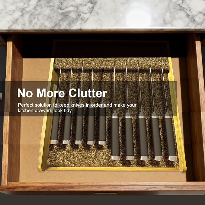 Knife Drawer Organizer Bamboo Insert Dock, 15"L x 12"W x 2.5"H Kitchen Steak Knives Holder Organizers Block for Drawer in Storage Organization (15 X 12 ”)