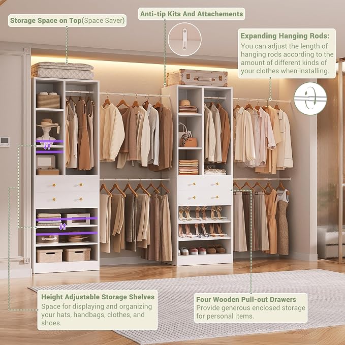 Besiost Closet System, Up to 134"/11.2 FT Closet Organizer with 4 Wooden Drawers and Shelves, Walk-in Closet System with 6 Hanging Rods, Built-in Closet Can Fit 96"/8FT, 120"/10FT, White Set 2