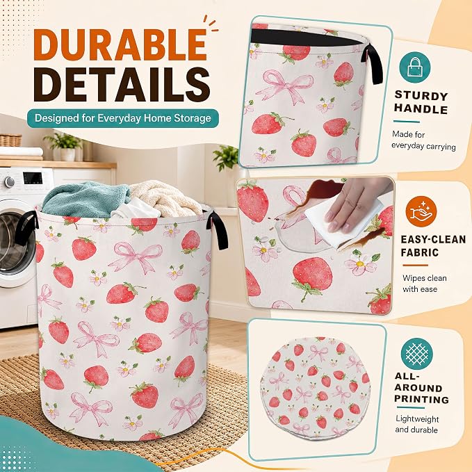 Strawberry Laundry Basket,Pink Bow Flower Foldable Oxford Laundry Hamper with Handles,Collapsible Clothes Storage Bucket Tote Bag for Laundry Room,Bathroom,Bedroom,Dorm