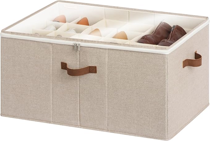 StorageWorks Shoe Organizer for Closet, Fits up to 24 Pairs, Shoe Cubby Storage Containers with Adjustable Dividers and Clear Cover, Taupe