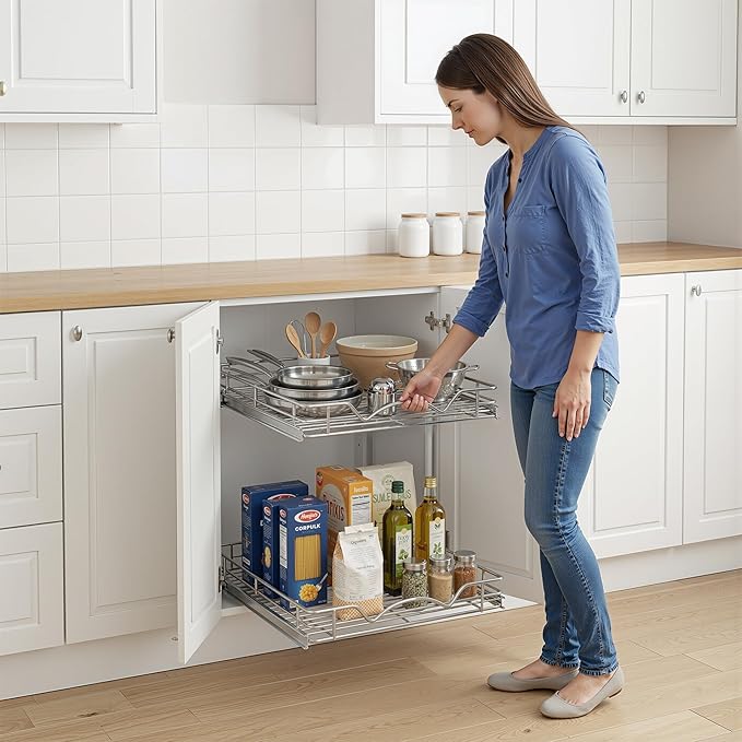 2-Tier Pull-Out Cabinet Organizer with Heavy-Duty Steel Frame, Full-Extension Sliding Shelves, Holds 100 lbs, Easy Install for Kitchen, Pantry & Under Sink Cabinets, 17" W x 21”D x 16.5" H
