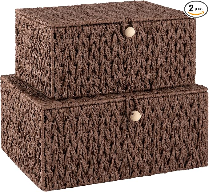 OIAHOMY Wicker Storage Basket with Lid & Lock, Lidded Storage Bins, Decorative Baskets for Organizing, Set of 2-Brown