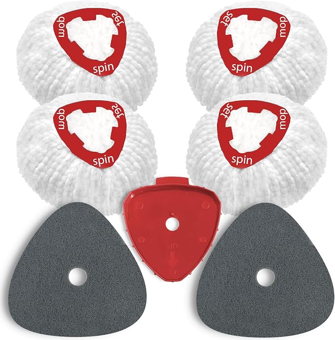 7 Pack Spin Mop Replace Head for O Cedar EasyWring 1 Tank, Includes 4 Microfiber Mop Replacement Refill, 2 Prone to Foaming Scrubber Sponge Brushes & 1 Connector for Kitchen, Bathrooms, Glass