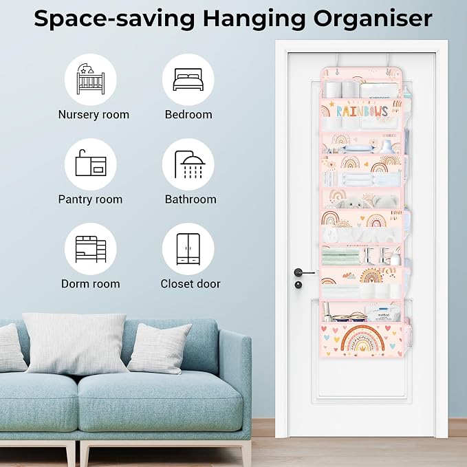 Clastyle Over the Door Organizer Diaper Toy Nursery Hanging Shelf, Boho | Pink Rainbow, 5-Tier Clear Window Mesh Pocket 44 lbs Weight Capacity, Behind Door Storage, Bedroom Bathroom Closet Pantry