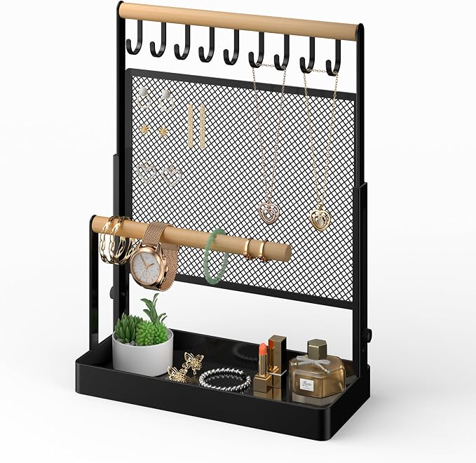 Jewelry Organizer Stand, Liftable Necklace Holder with Earring Organizer Net, 9 Hooks Necklaces Storage Wooden Handing Bar for Bracelets Watches Rings (Black)