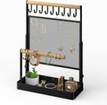 Jewelry Organizer Stand, Liftable Necklace Holder with Earring Organizer Net, 9 Hooks Necklaces Storage Wooden Handing Bar for Bracelets Watches Rings (Black)