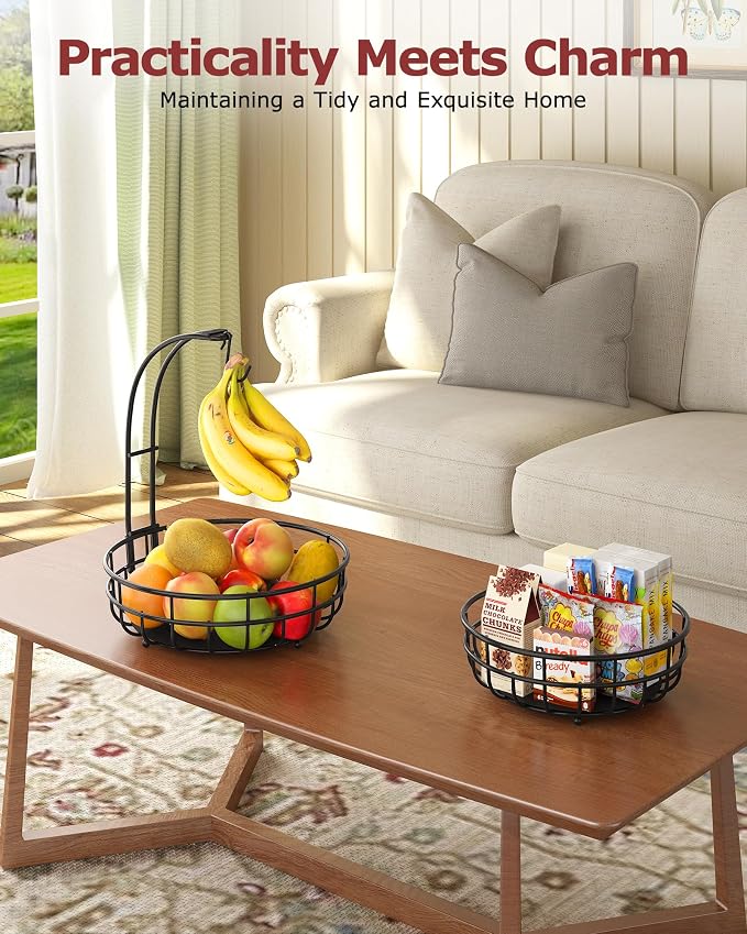 Sevenblue 2 Tier Modern Fruit Basket for Kitchen Counter with 2 Banana Hook | Space-Saving Vertical Storage for Veggies, Bread, Snacks, Fits Under Cabinets, Includes Protective Mats to Prevent Bruising