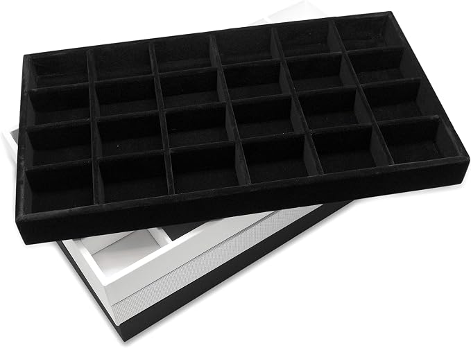 The Display Guys - Stackable Jewelry Tray and Organizer - for Drawers, Dressers, Store Display (24 Compartments, White Leatherette)
