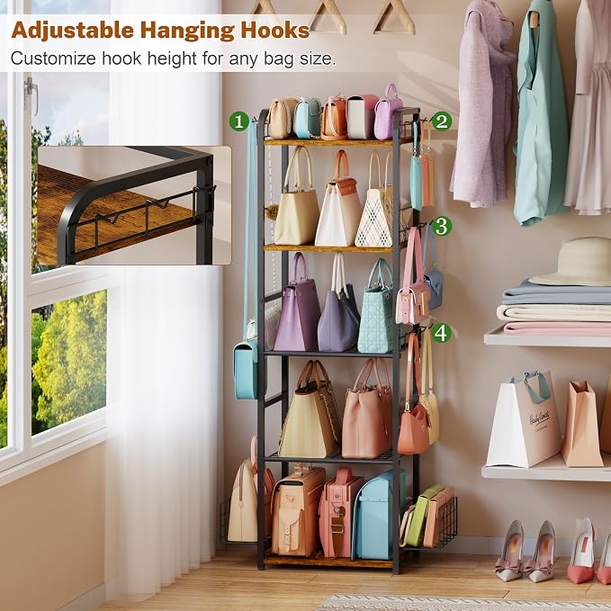 Tall 5-Tier Purse Organizer for Closet, Purse Rack Stand for Purse Storage, Metal & Wood Handbag Organizer with 4 Side Hooks and 2 Baskets, Space-Saving Narrow Purse Shelf for Small Space, Bedroom