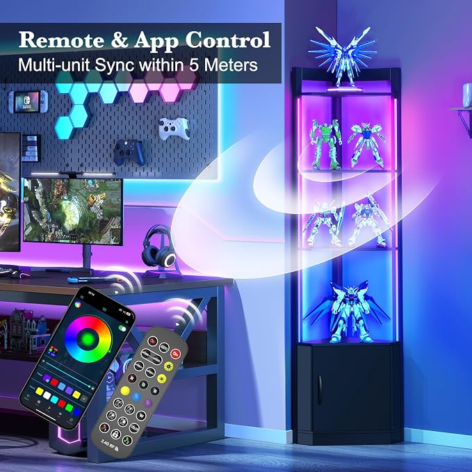 5-Tier Corner Shelf with RGB LED Light, 65" Tall Display Cabinet | Remote & APP Control, Adjustable Brightness/Color Temp, Floor Lamp with Shelves for Living Room Bedroom