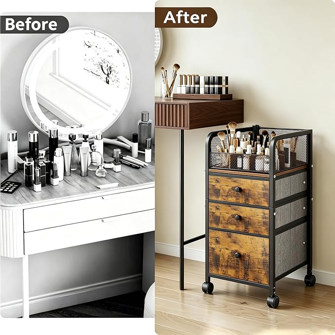 Rolling Makeup Vanity Cart, Makeup Organizer with Drawers, Rolling Makeup Bathroom Storage Cart, Cosmetic Vanity Display Cases Holder for Nail Polish Brush Hair Tool (Black)