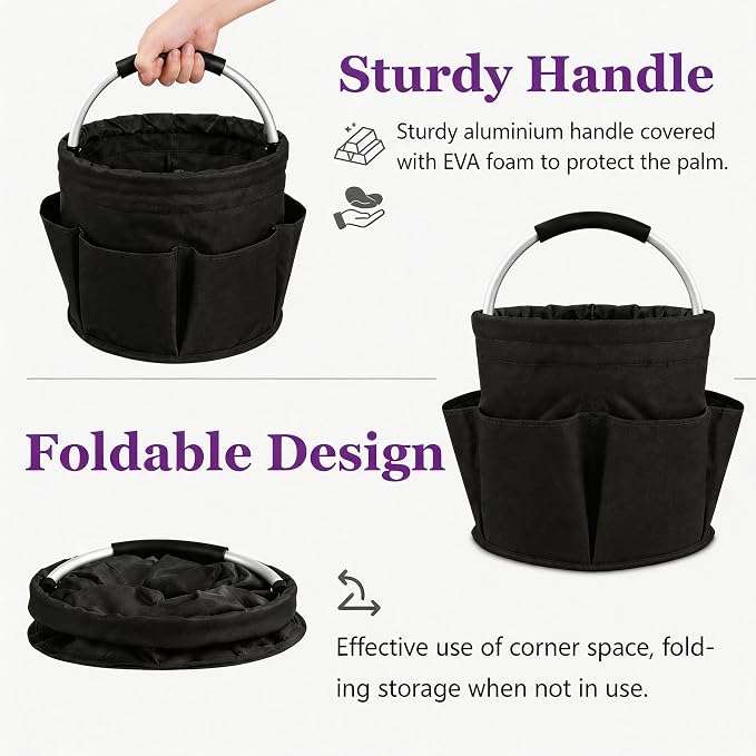 Garden Tool Organizer Tote with Non-Slip Handle – 4.5-Gallon Water-Resistant Bucket Bag with 6 Side Pockets, Portable Gardening and Outdoor Utility Bag for Yard Work, Garage, Beach & Camping (Black)