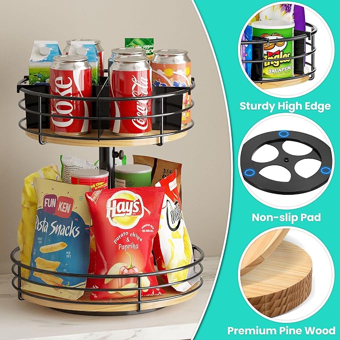 2 Tier Lazy Susan Snack Organizer, Adjustable Height, Black | 12 Inch, Wood Rotating Spice Rack, For Kitchen Countertop Pantry Cupboard Bathroom, Coffee Bar Home Storage