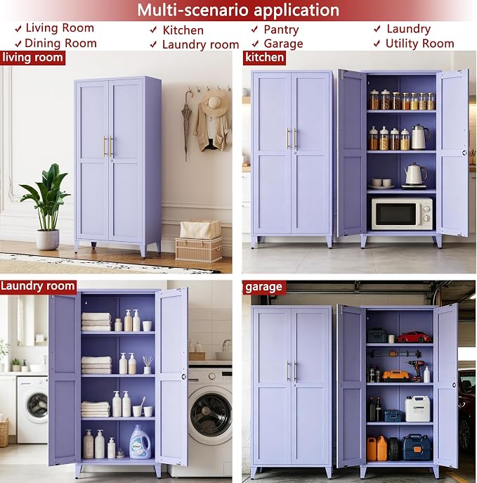 Lockable 61 Inch Tall Metal Storage Cabinet with Adjustable Shelves,4-Tier Steel Storage Locker,2-Door Metal Display Cabinet for Bedroom,Living Room, Home Office Purple