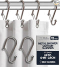 Set of 12 Silver Metal S Hook Shower Hooks 1” – Closed, Heavy Duty, Long Decorative Shower Curtain Hooks, Easy Glide, Buckle, Large Rust Resistant Rings for Bathroom Rods (Silver, S)