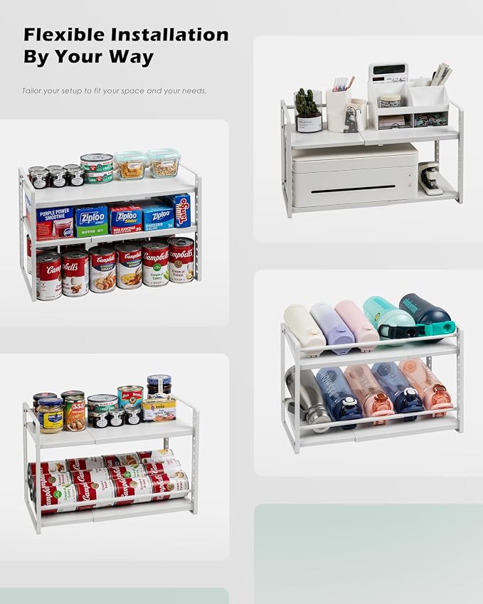 Expandable Cabinet Shelf Organizer, 2-Tier Countertop Storage Riser | Heavy-Duty Metal, Holds 80 lb, Adjusts Wide, 13 Height Slots, Tilt Option, for Kitchen, Pantry & Cupboard, Under Sink, White