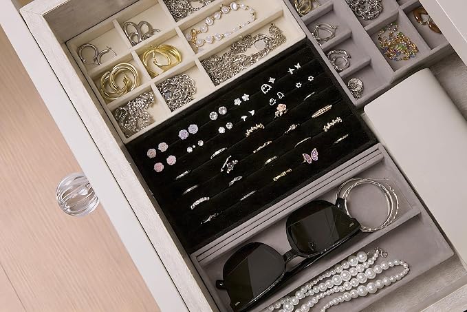 Jewelry Organizer Trays Set of 8,Velvet Jewelry Tray Stackable Storage Drawer Trays for Earring Ring Necklace Jewelry Display Case(8 Set,Gray)