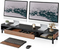 Fenge Dual Monitor Stand with Large Storage Drawer, 42.5" Dsek Shelf, Black | Slide-Out Drawer, Ergonomic Monitor Riser, Aluminum leg, 2-Tier Desk Organizer for Laptop, TV, PC