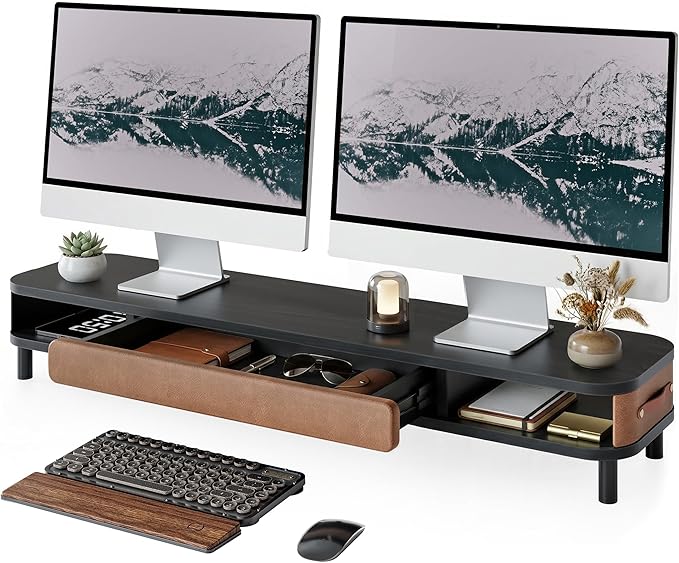Fenge Dual Monitor Stand with Large Storage Drawer, 42.5" Dsek Shelf, Black | Slide-Out Drawer, Ergonomic Monitor Riser, Aluminum leg, 2-Tier Desk Organizer for Laptop, TV, PC