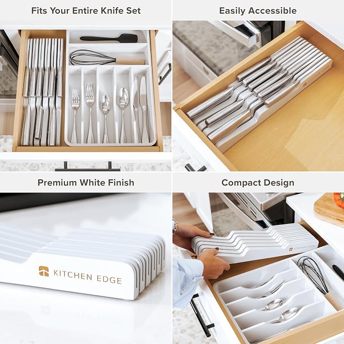 KitchenEdge In-Drawer Knife Block Holder, 11 Slots, White | Fits most knife sizes, rubber feet, food-safe finish