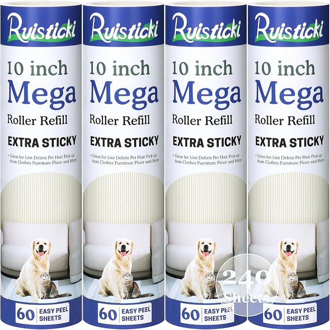 10 inch Mega Lint Roller Refills for Evercare Layers Smart Design Large Lint Rollers, 50% Stickier Refills Pack of 4, 60 Sheets per Refill, Total 240 Extra Sticky Sheets