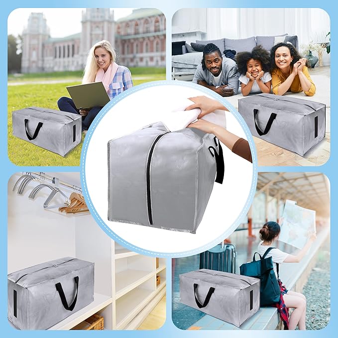 Homesure 12 Pack Large Strong Moving Bags with Zippers & Carrying Handles - Water-Resistant - Heavy Duty Storage Tote for Space Saving Moving Storage, Fold Flat, Alternative to Moving Box (Silver)
