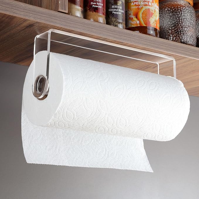 ZUNTO Acrylic Paper Towel Holder - Adhesive Paper Towel Roll Holder Under Cabinet, Clear Plastic Wall Mounted Paper Towel Rack for Kitchen, Frees up Counter Space | Clear Plastic Wall Mounted, Rustproof, No Drilling, Vertical or Horizontal , Kitchen Ro...