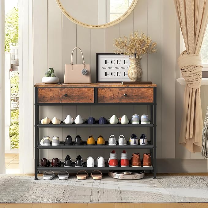 usikey Shoe Rack, 4 Tier Shoe Storage Organizer with 2 Drawers, Metal Shoe Shelf for 12-15 Pairs of Shoes, with 3 Oxford Fabric Shelves and Wooden Top, Shoe Stand for Entryway, Closet, Rustic Brown