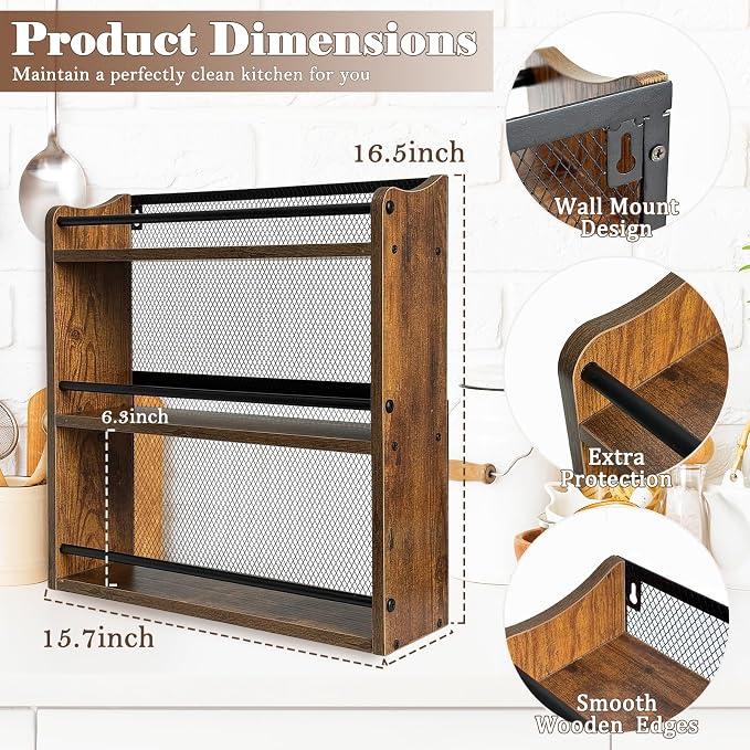 Klxuyuo Spice Rack Wall Mount for Spice Jars & Seasonings, 3 Tier Large Wall Hanging Spice Rack Organizer for Kitchen Cabinet, Pantry Door