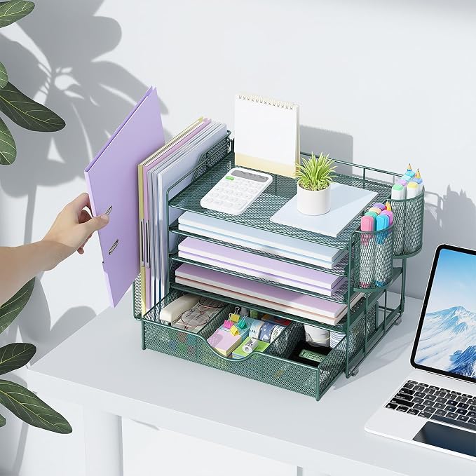 gianotter 5-Tier Desk Organizer with Drawers, File Holders, Letter Trays and Pen Holders - Workspace Accessories for Office Supplies (Green)