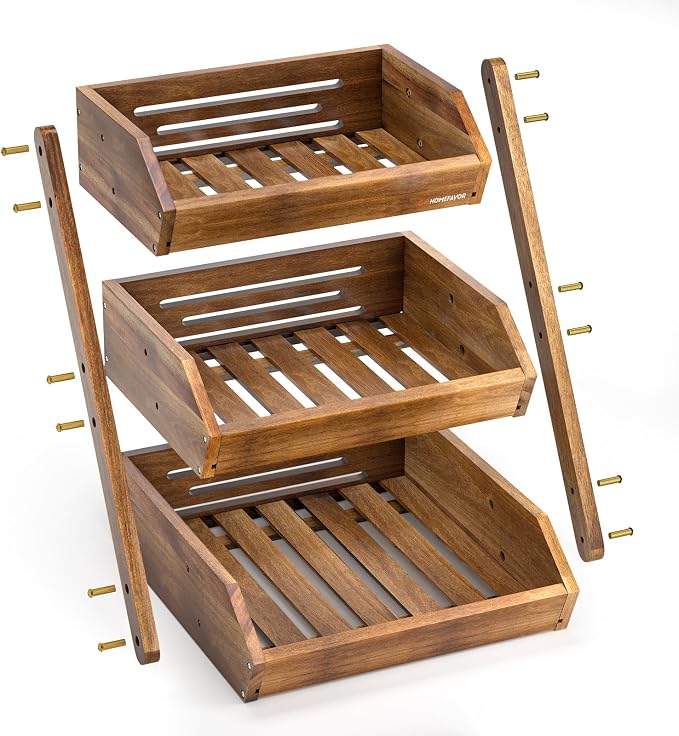 G.a HOMEFAVOR Fruit Basket: 3-Tier Acacia Wood Fruit Bowl for Kitchen, Fruit Stand Storage Holder for Vegetables and Snack Home Kitchen Countertop Organizer (Self-assembly)
