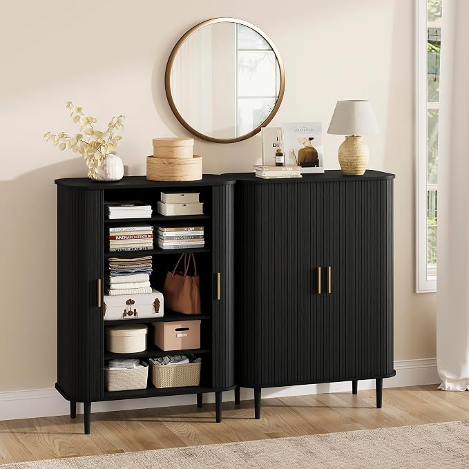 DHH Shoe Storage Cabinet with Sliding Door, 6-Tier Shoe Cabinet with Adjustable Shelves, Mid-Century Modern Freestanding Shoe Storage Organizer for Entryway, Hallway, Living Room (Black, 31.5 ")