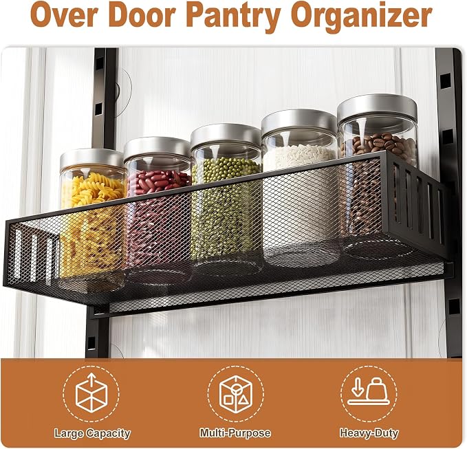Over the Door Pantry Organizer, 8-Tier Heavy-Duty Door Spice Rack with Mesh Baskets, Height Adjustable & Anti-Swing Design, Pantry Door Organizers and Storage for Kitchen, Bathroom, Laundry Room