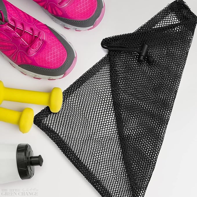Small Mesh Bags Drawstring, 11.8"x7.48", 10 Pack, Nylon (Black), Reusable | Small Net Bag; Lightweight, Breathable; for Travel, Gym, Swimwear, Laundry, Sports, Beach Gear, Camping & Daily Organization