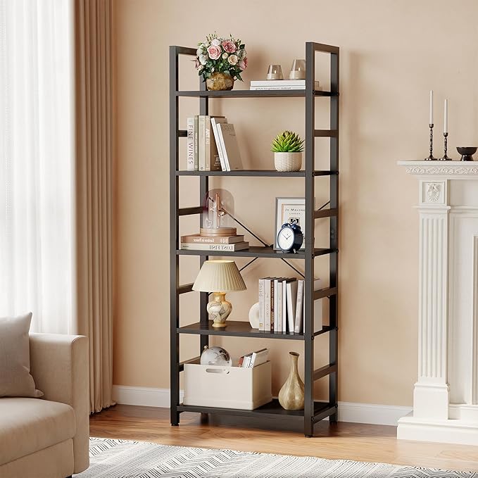 DUMOS 5-Tier Bookshelf, Modern Tall Bookcase Book Shelf | Open Storage Display Shelf for Living Room, Bedroom, Home Office, Narrow Standing Shelving Unit for Books, CDs, Décor Black