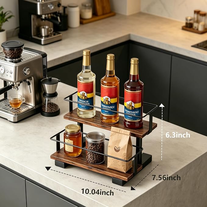 2-Tier Coffee Syrup Rack with High Rails, Holds 6 Bottles | Space-saving stepped shelf with wood & metal, high guardrail, liquor, spice jars & essential oils.