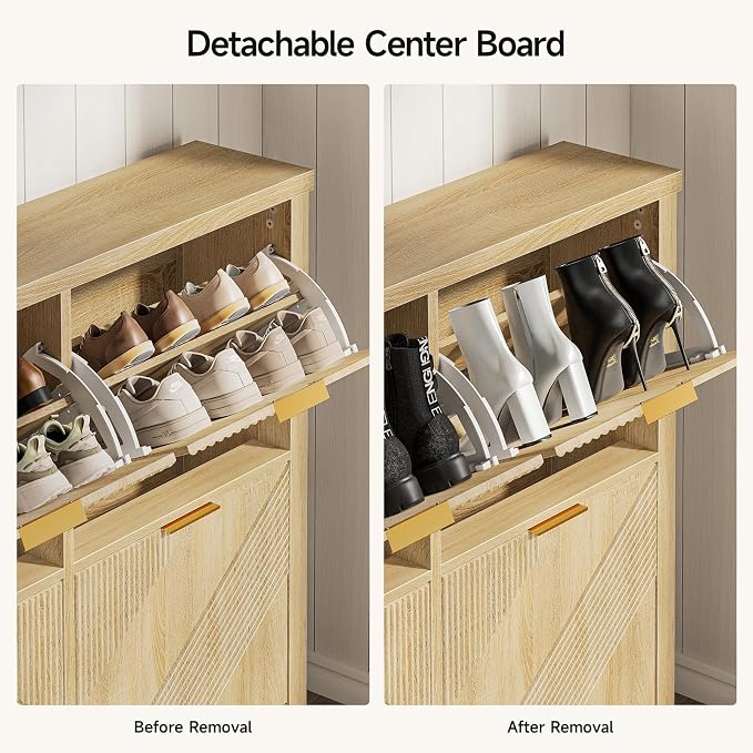 Shoe Cabinet with 4 Flip Drawers & Symmetric Groove Pattern for Entryway | 44.5''W x 9.2''D x 39.4'' Natural Oak Fit for 16-24 Pairs of Shoes Slim Narrow Shoe Storage Cabinet for Hallway Living Room