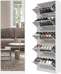 Mirrored Shoe Storage Cabinet with 5 Flip Drawers, 30 Pairs | Real Glass Mirror | Fits Men's Size 15 | Narrow Floor Standing | Entryway Organizer | Space-Saving | White