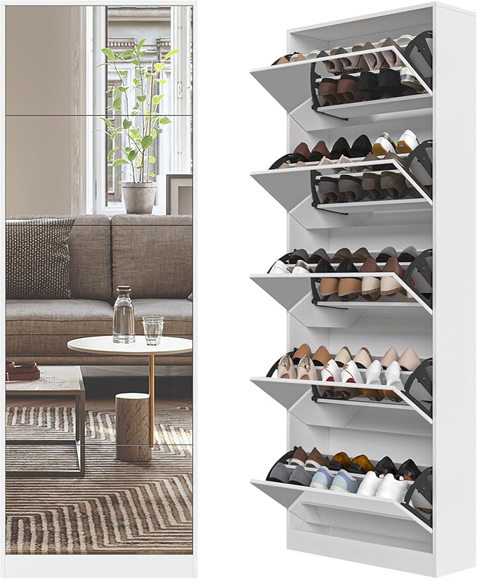 Mirrored Shoe Storage Cabinet with 5 Flip Drawers, 30 Pairs | Real Glass Mirror | Fits Men's Size 15 | Narrow Floor Standing | Entryway Organizer | Space-Saving | White