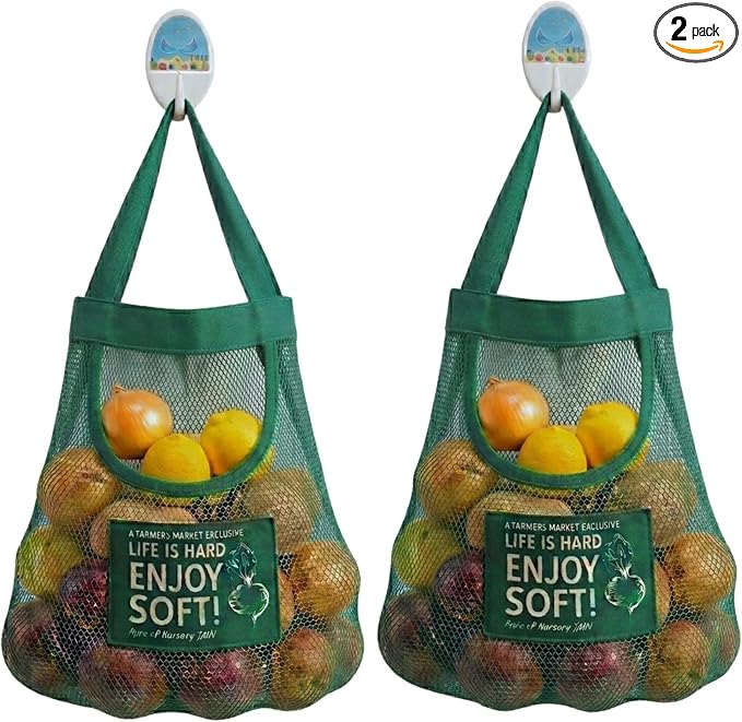 Durable Reusable Hanging Storage Mesh Bags for Fruits, Vegetables, Garlic, Ginger & Potatoes, Kitchen Storage Mesh Bag, Breathable Storage Bags for Pantry, Home Decor & Kitchen Decor (2 blue bags)