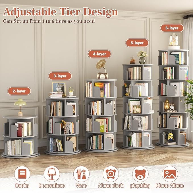 Aheaplus 6 Tier Rotating Bookshelf, Wood Spinning Bookshelf Tower, Round Revolving 360 Bookcase, Narrow Turning Book Shelf Rolling Corner Organizer for Small Space, Bedroom, Office, Grey