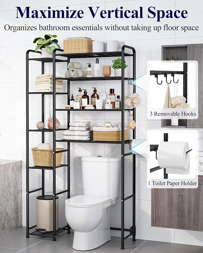 Kitsure Over the Toilet Storage – 9-Tier Black Metal Bathroom Organizer Shelves with Adjustable Side Shelves, Space-Saving Over Toilet Rack for Small Bathrooms, Apartments & Rental Homes, 68.7" H