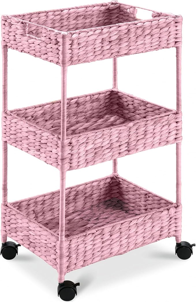 Best Choice Products 3-Tier Water Hyacinth Rolling Nursery Caddy w/Wheels, Utility Cart, Storage Organization for Bathroom, Craft Room, Laundry Room - Pink